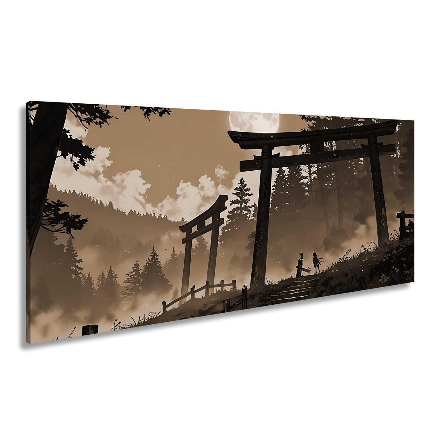 Leinwandbild Torii im Nebel, zwei Gestalten unter dem violetten Mond. - deyoli