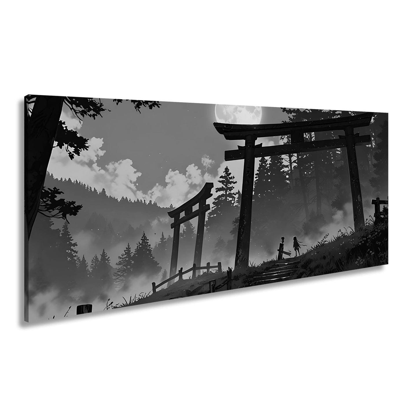 Leinwandbild Torii im Nebel, zwei Gestalten unter dem violetten Mond. - deyoli