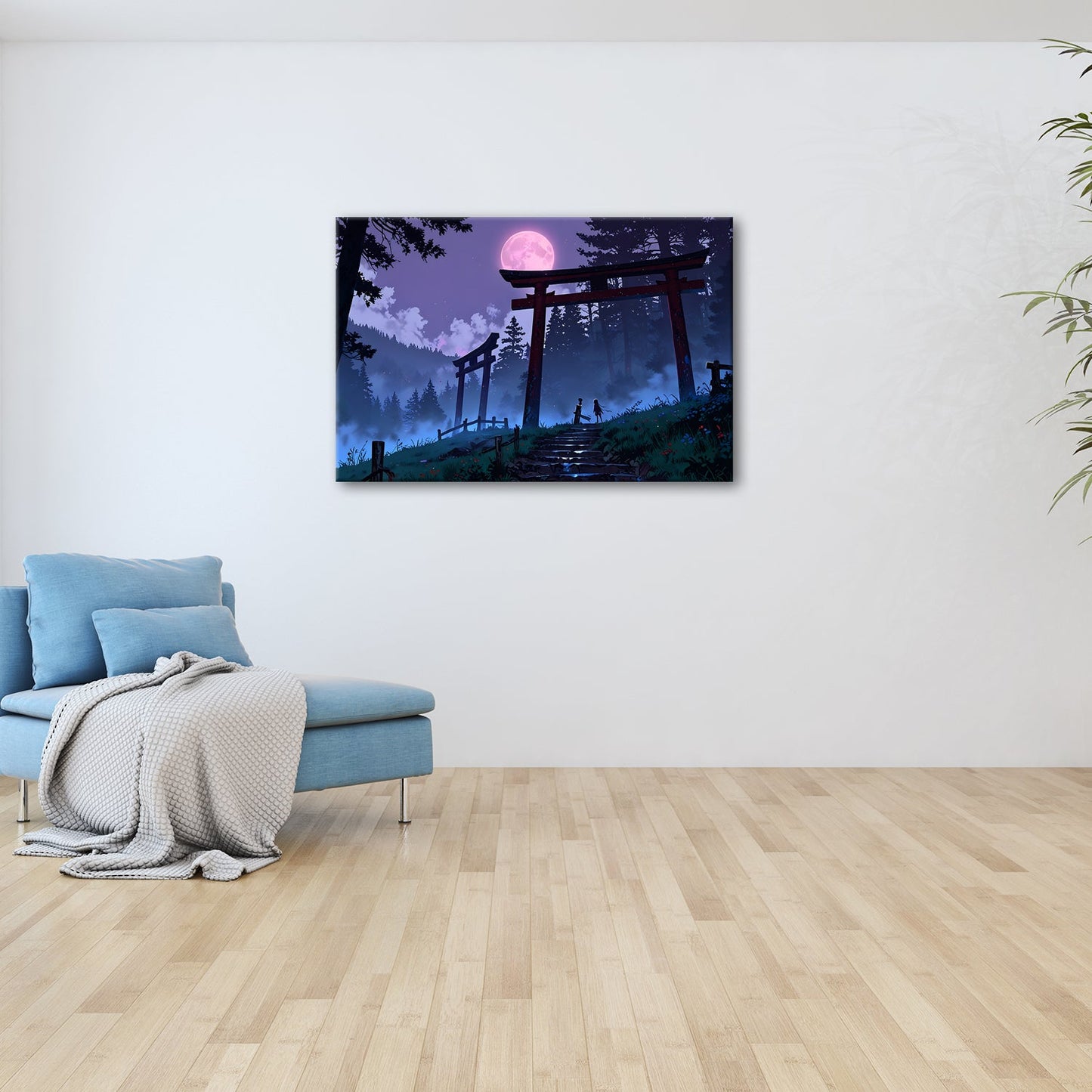 Leinwandbild Torii im Nebel, zwei Gestalten unter dem violetten Mond. - deyoli