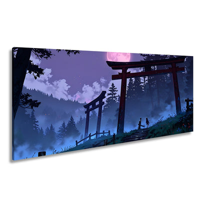 Leinwandbild Torii im Nebel, zwei Gestalten unter dem violetten Mond. - deyoli