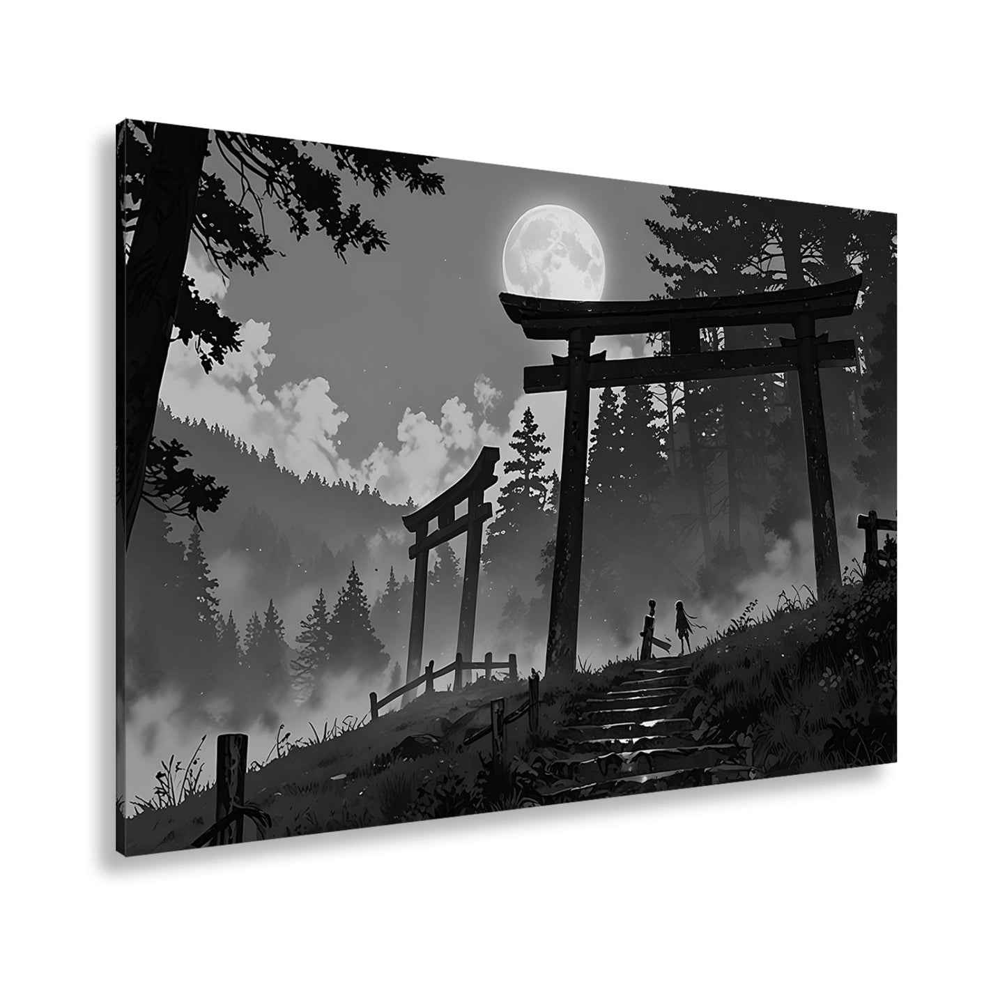 Leinwandbild Torii im Nebel, zwei Gestalten unter dem violetten Mond. - deyoli