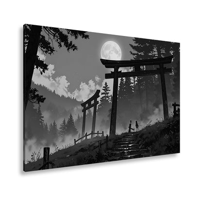 Leinwandbild Torii im Nebel, zwei Gestalten unter dem violetten Mond. - deyoli
