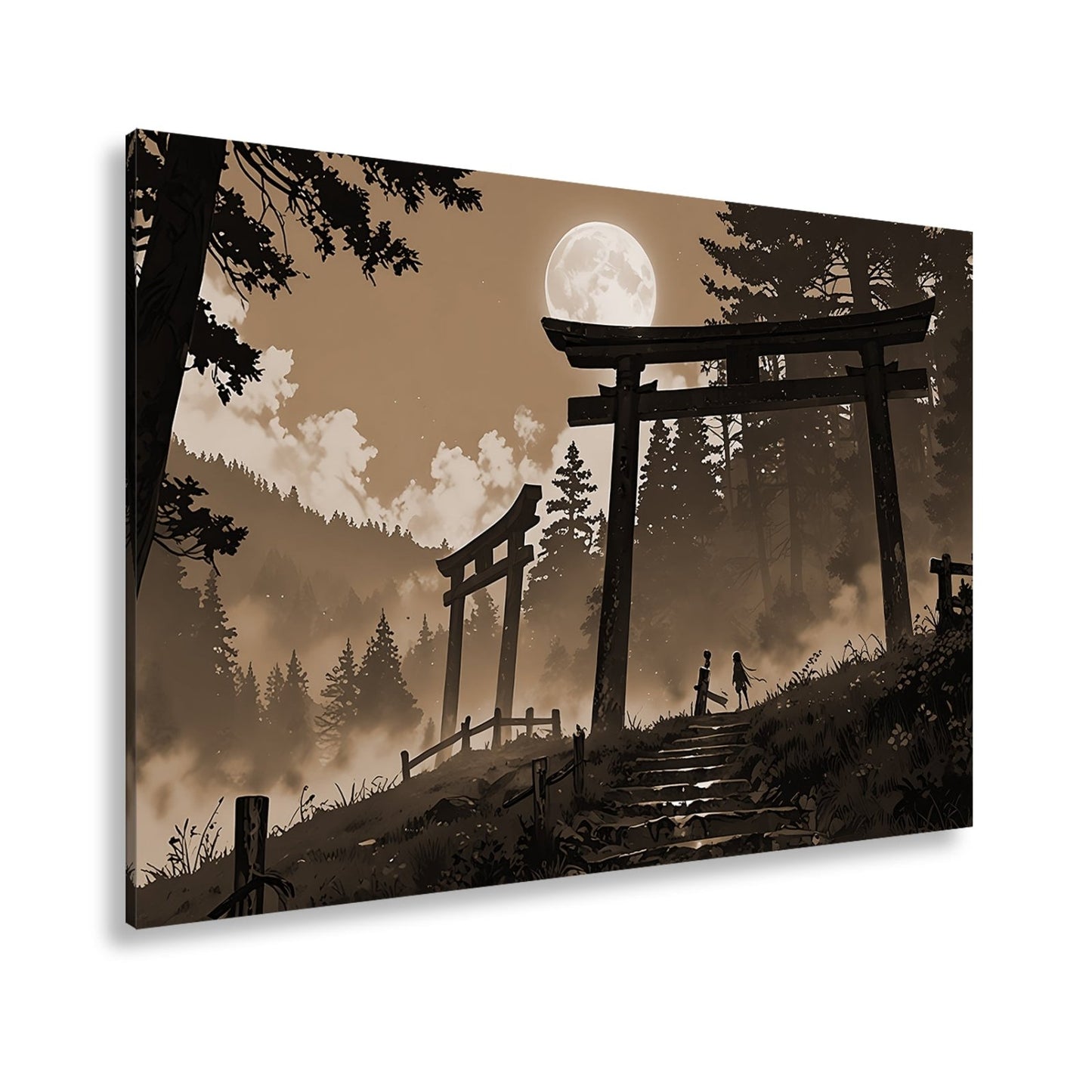 Leinwandbild Torii im Nebel, zwei Gestalten unter dem violetten Mond. - deyoli