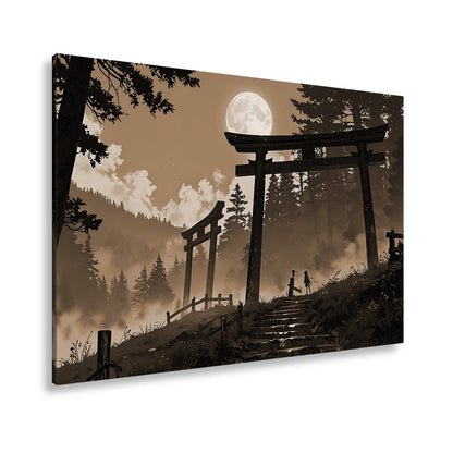 Leinwandbild Torii im Nebel, zwei Gestalten unter dem violetten Mond. - deyoli