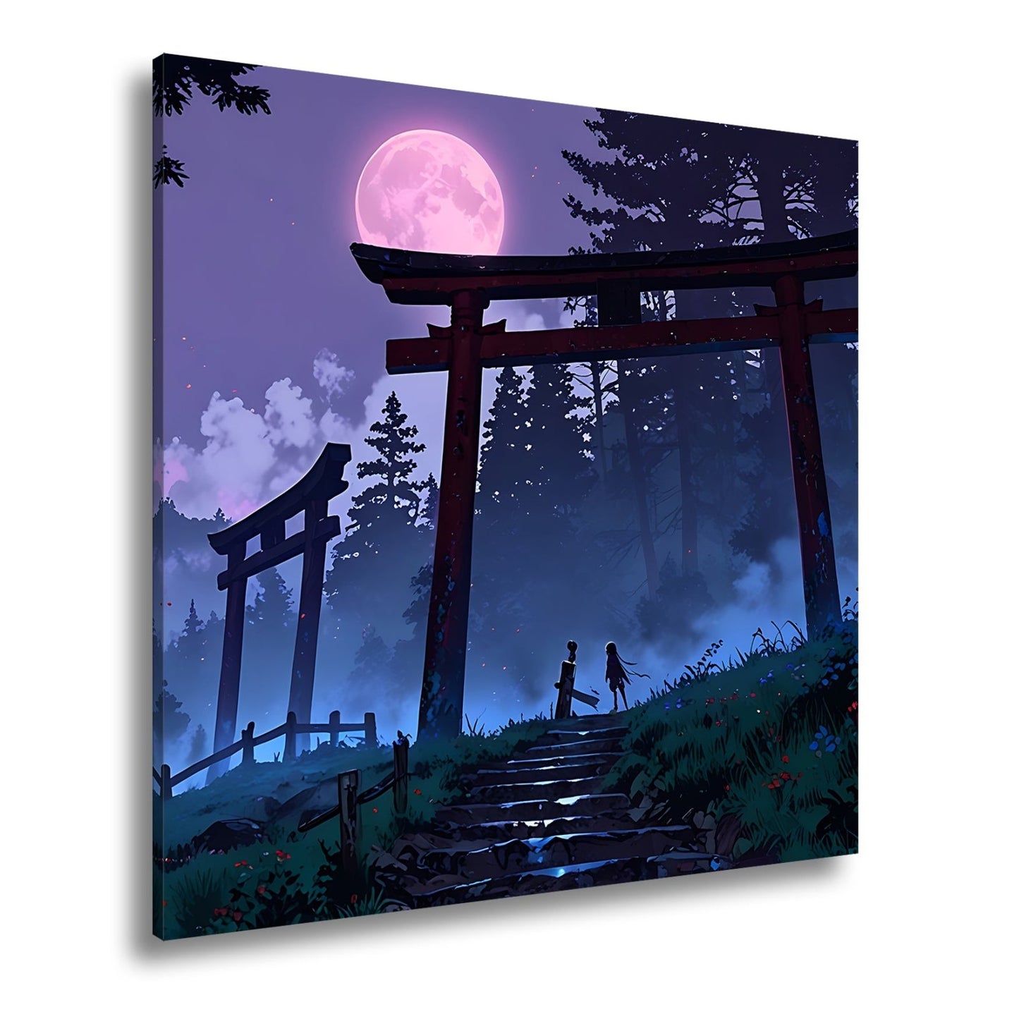 Leinwandbild Torii im Nebel, zwei Gestalten unter dem violetten Mond. - deyoli