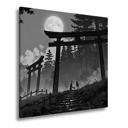 Leinwandbild Torii im Nebel, zwei Gestalten unter dem violetten Mond. - deyoli