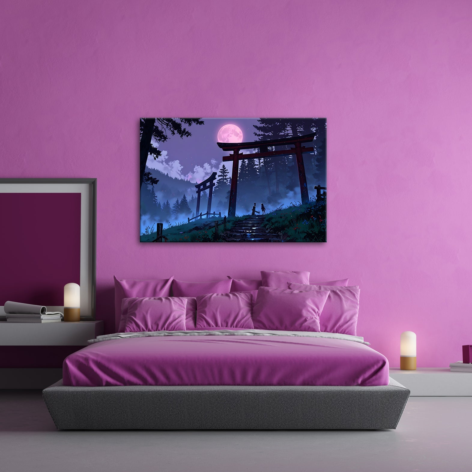 Leinwandbild Torii im Nebel, zwei Gestalten unter dem violetten Mond. - deyoli