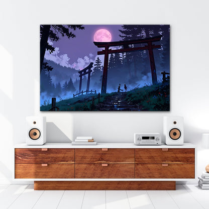 Leinwandbild Torii im Nebel, zwei Gestalten unter dem violetten Mond. - deyoli