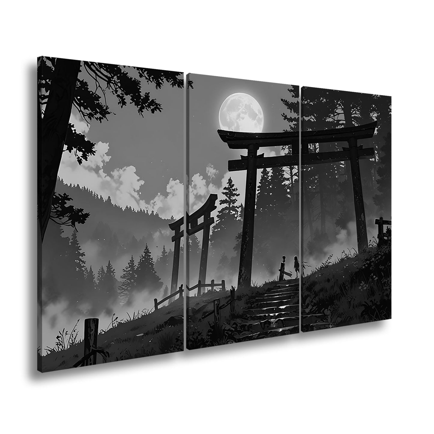 Leinwandbild Torii im Nebel, zwei Gestalten unter dem violetten Mond. - deyoli