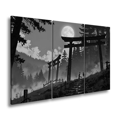 Leinwandbild Torii im Nebel, zwei Gestalten unter dem violetten Mond. - deyoli