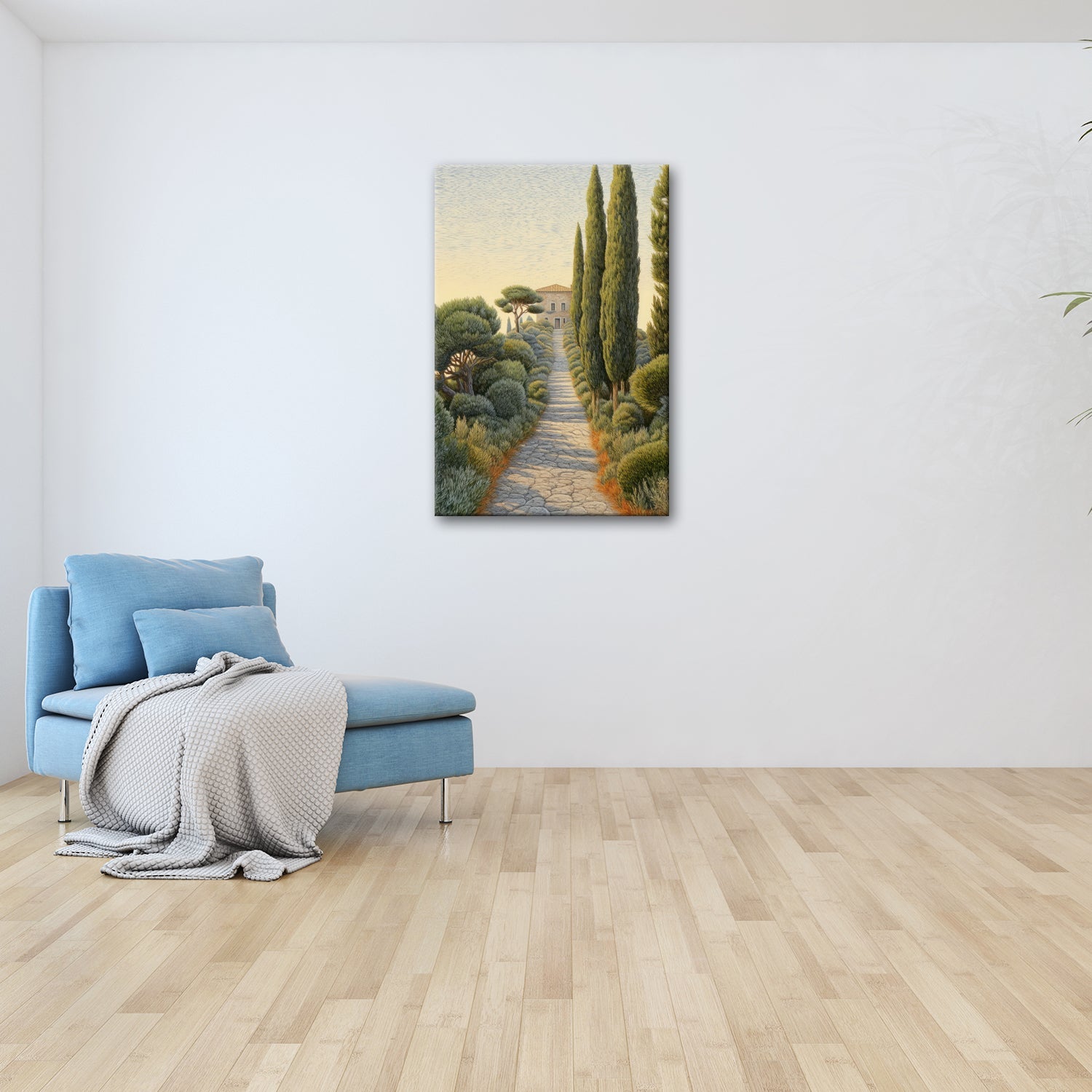 Leinwandbild Toskana XXL – Sonniger Zypressenweg führt zur stillen Villa - deyoli