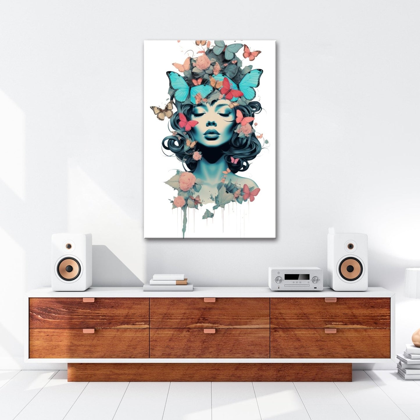 Leinwandbild Traumhafte Muse getragen von Schmetterlingen und Blumen - deyoli