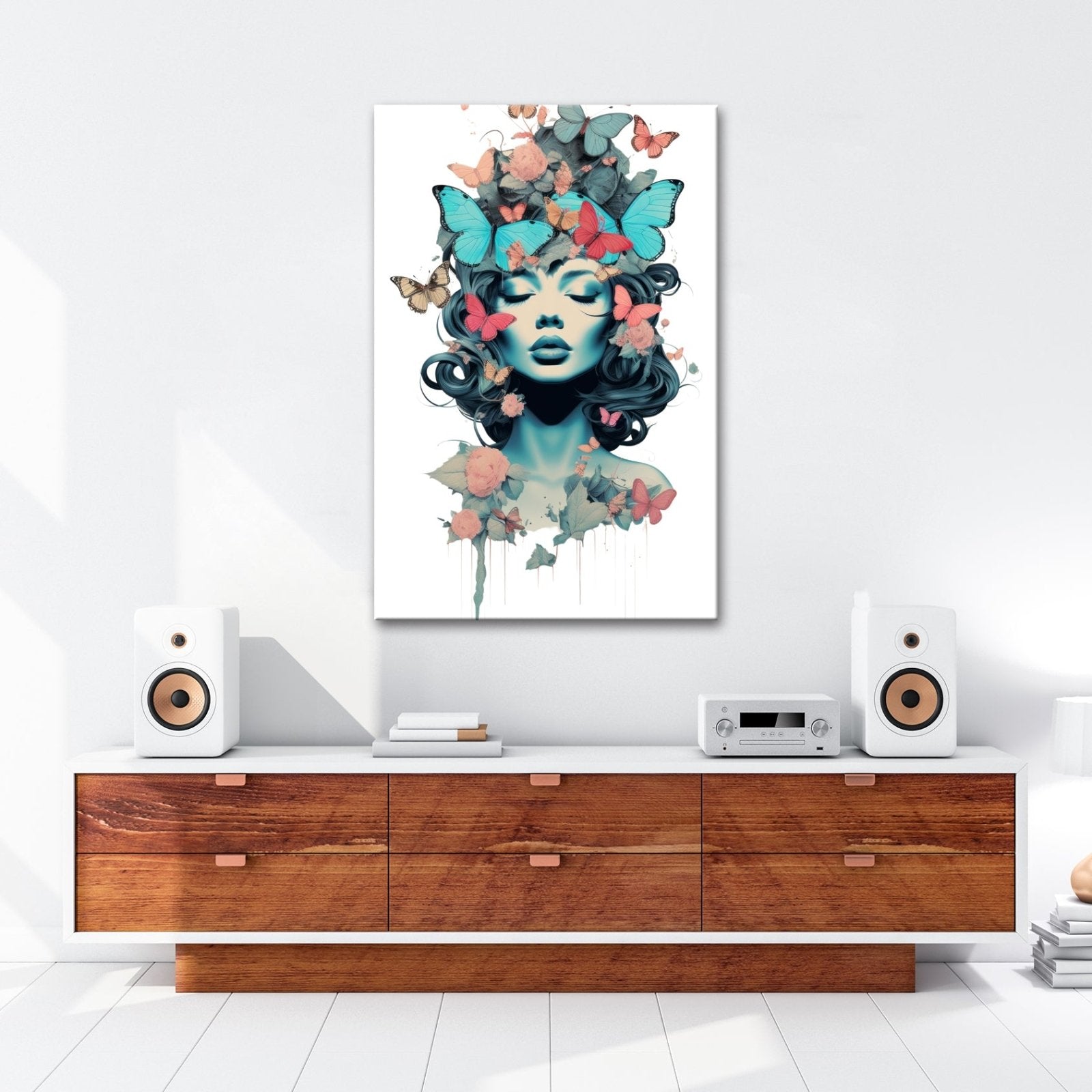 Leinwandbild Traumhafte Muse getragen von Schmetterlingen und Blumen - deyoli