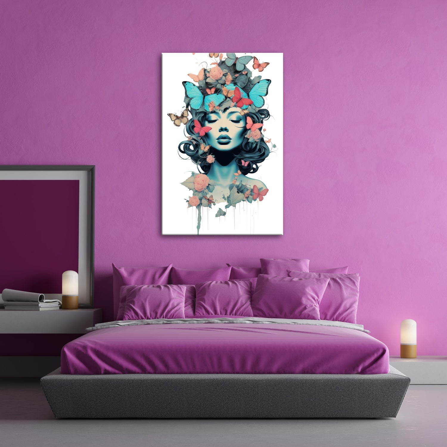 Leinwandbild Traumhafte Muse getragen von Schmetterlingen und Blumen - deyoli