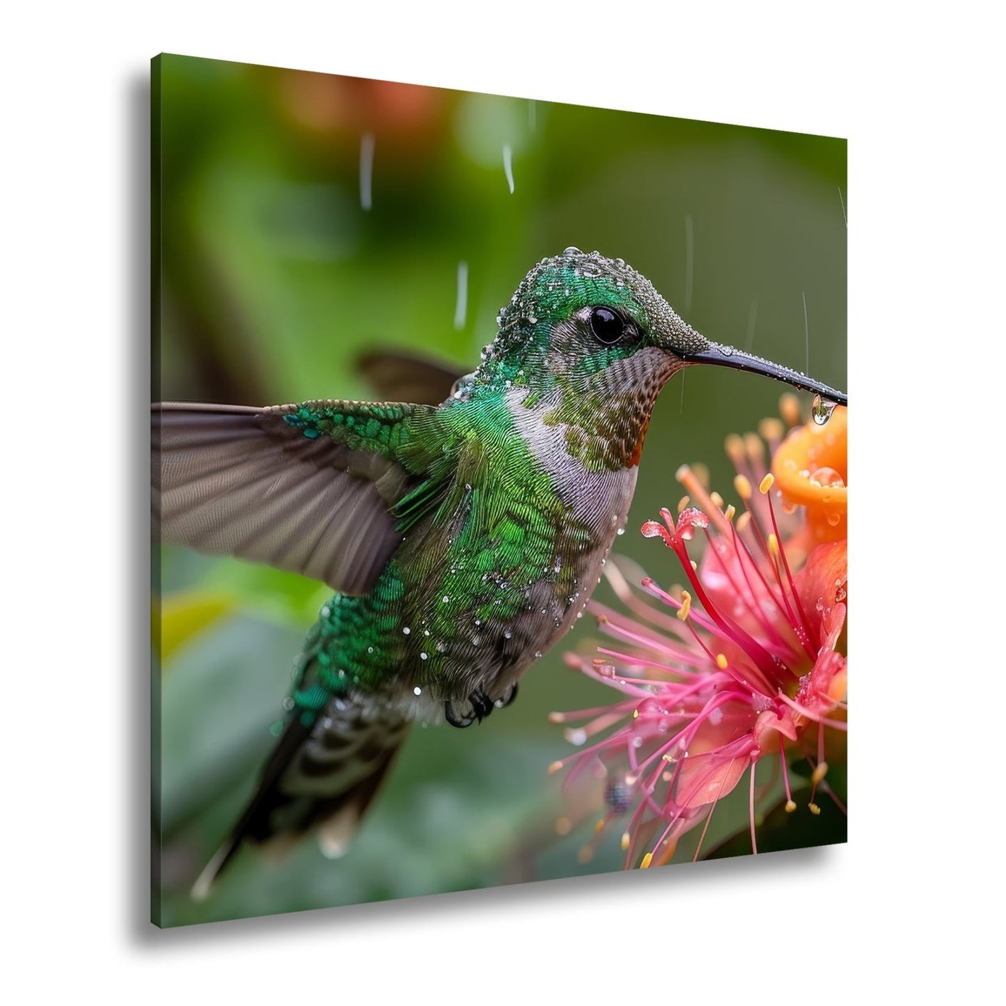 Leinwandbild Tropfenglanz auf Smaragd – ein Kolibri küsst die Blüte. - deyoli