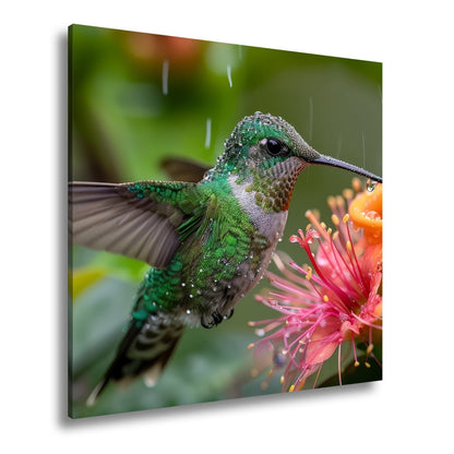 Leinwandbild Tropfenglanz auf Smaragd – ein Kolibri küsst die Blüte. - deyoli