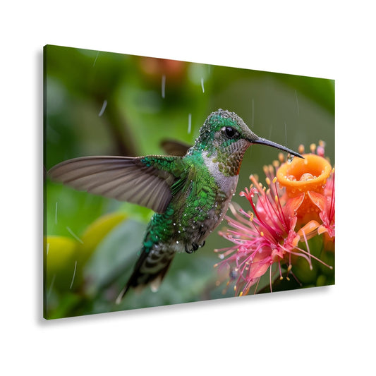 Leinwandbild Tropfenglanz auf Smaragd – ein Kolibri küsst die Blüte. - deyoli