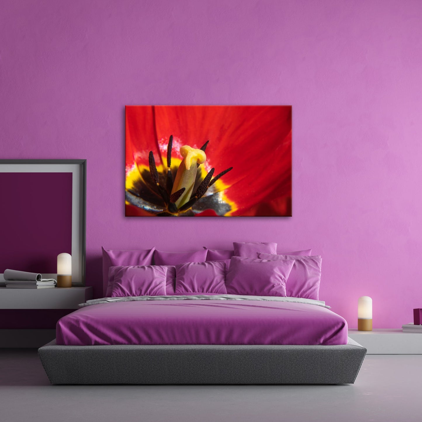 Leinwandbild Tulpenherz – Leuchtendes Rot und Gold XXL Wandbild - deyoli