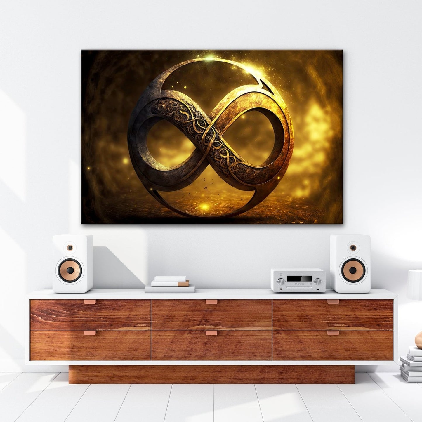 Leinwandbild Unendlichkeitssymbol XXL – Golden strahlend voller Mystik - deyoli