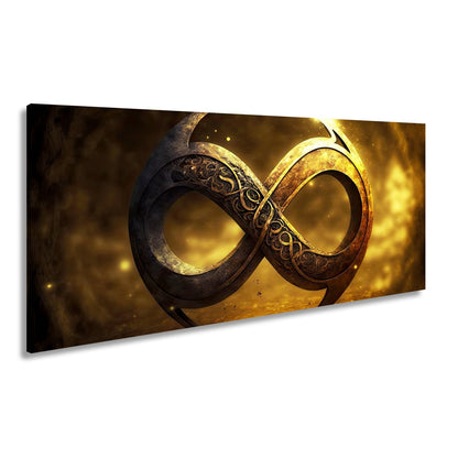 Leinwandbild Unendlichkeitssymbol XXL – Golden strahlend voller Mystik - deyoli