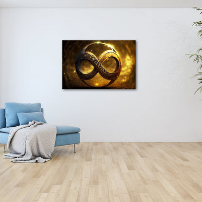 Leinwandbild Unendlichkeitssymbol XXL – Golden strahlend voller Mystik - deyoli