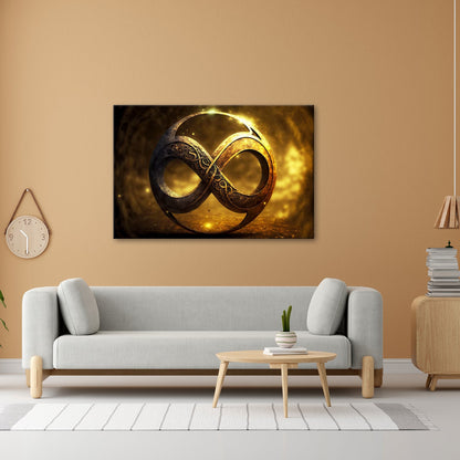 Leinwandbild Unendlichkeitssymbol XXL – Golden strahlend voller Mystik - deyoli
