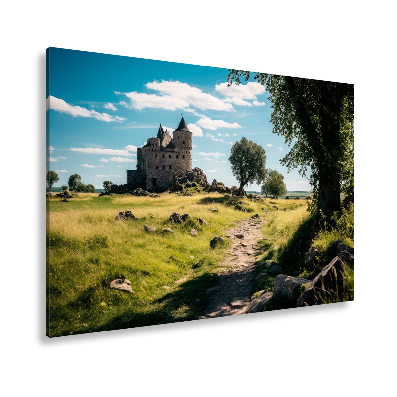Leinwandbild Verlassene Burg thront majestätisch im goldenen Feld. - deyoli