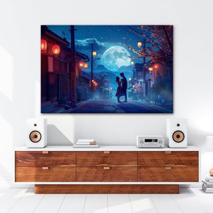 Leinwandbild Verliebte tanzen im Mondlicht unter Laternen und Sternen. - deyoli