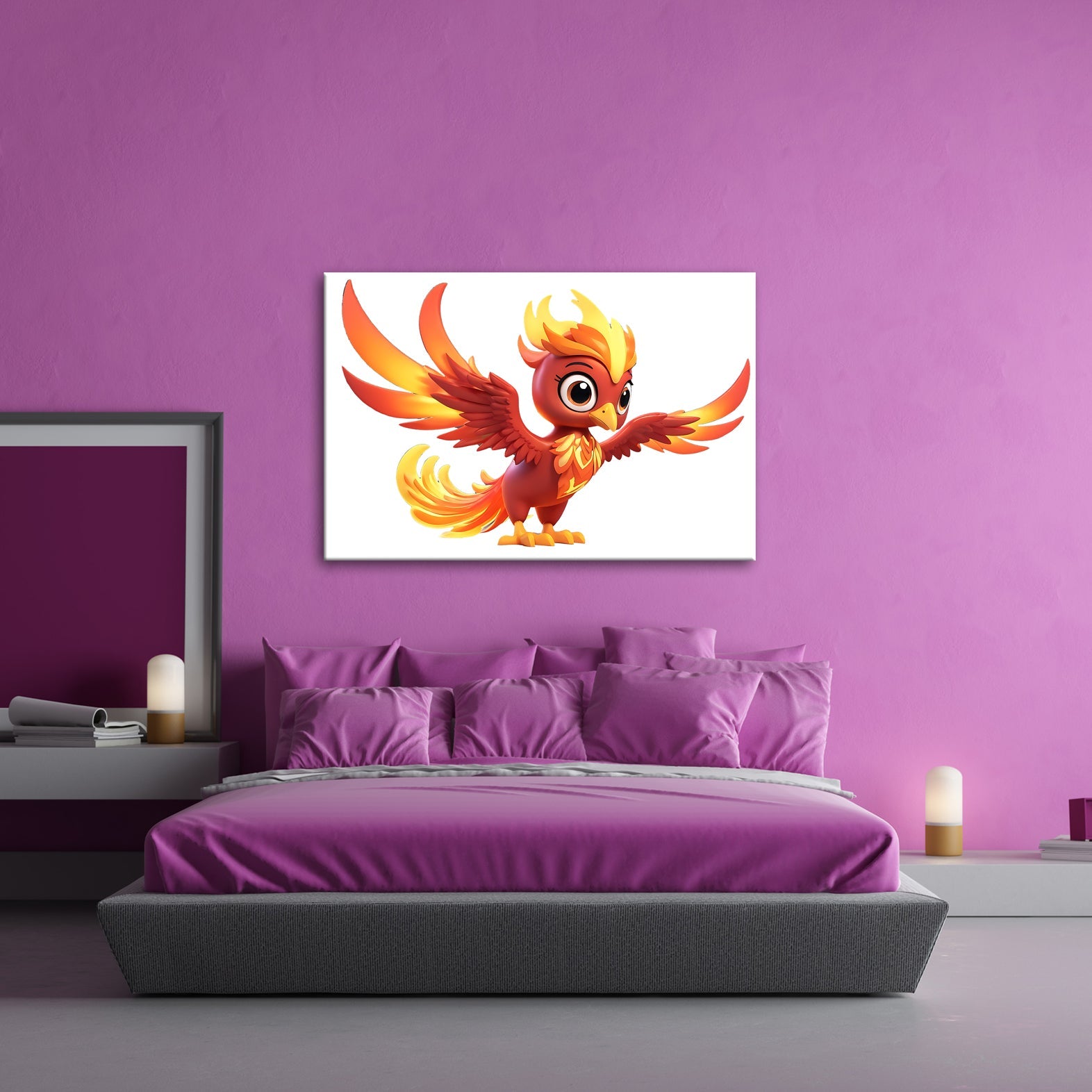 Leinwandbild Verspielter Phönix in leuchtendem Cartoon - Stil - deyoli