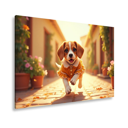 Leinwandbild Verspielter Welpe sprintet fröhlich im warmen Abendlicht - deyoli