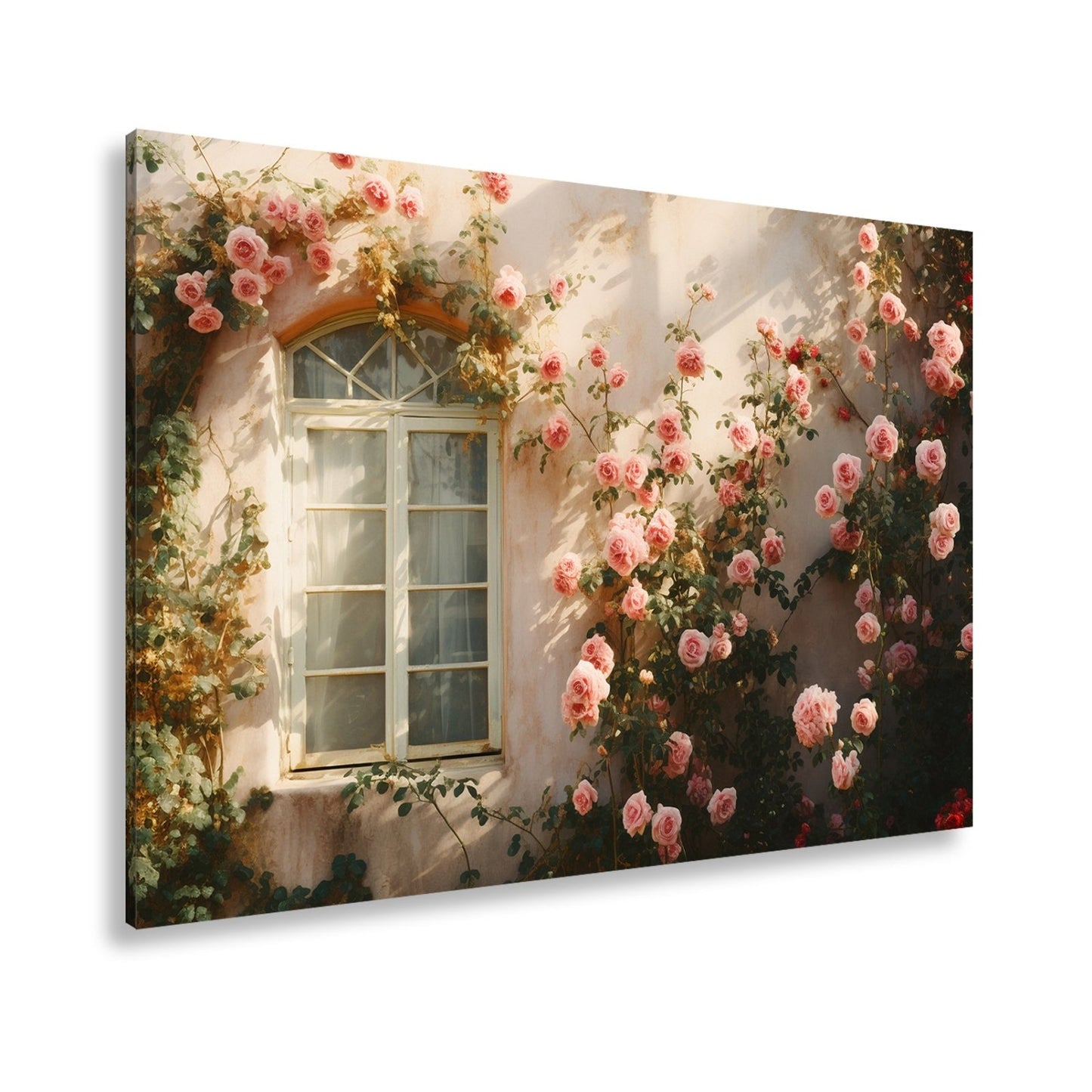 Leinwandbild Verwunschene Fassade XXL – Zarte Rosen ranken im warmen Licht - deyoli