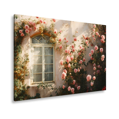 Leinwandbild Verwunschene Fassade XXL – Zarte Rosen ranken im warmen Licht - deyoli