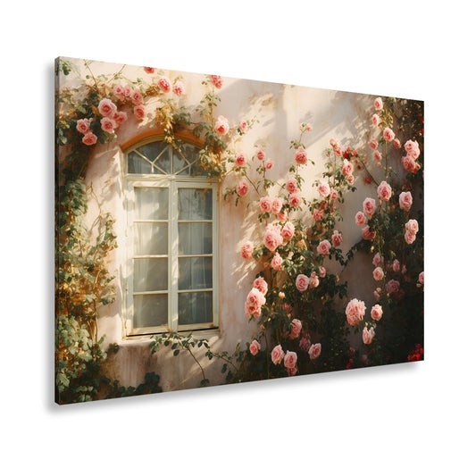 Leinwandbild Verwunschene Fassade XXL – Zarte Rosen ranken im warmen Licht - deyoli