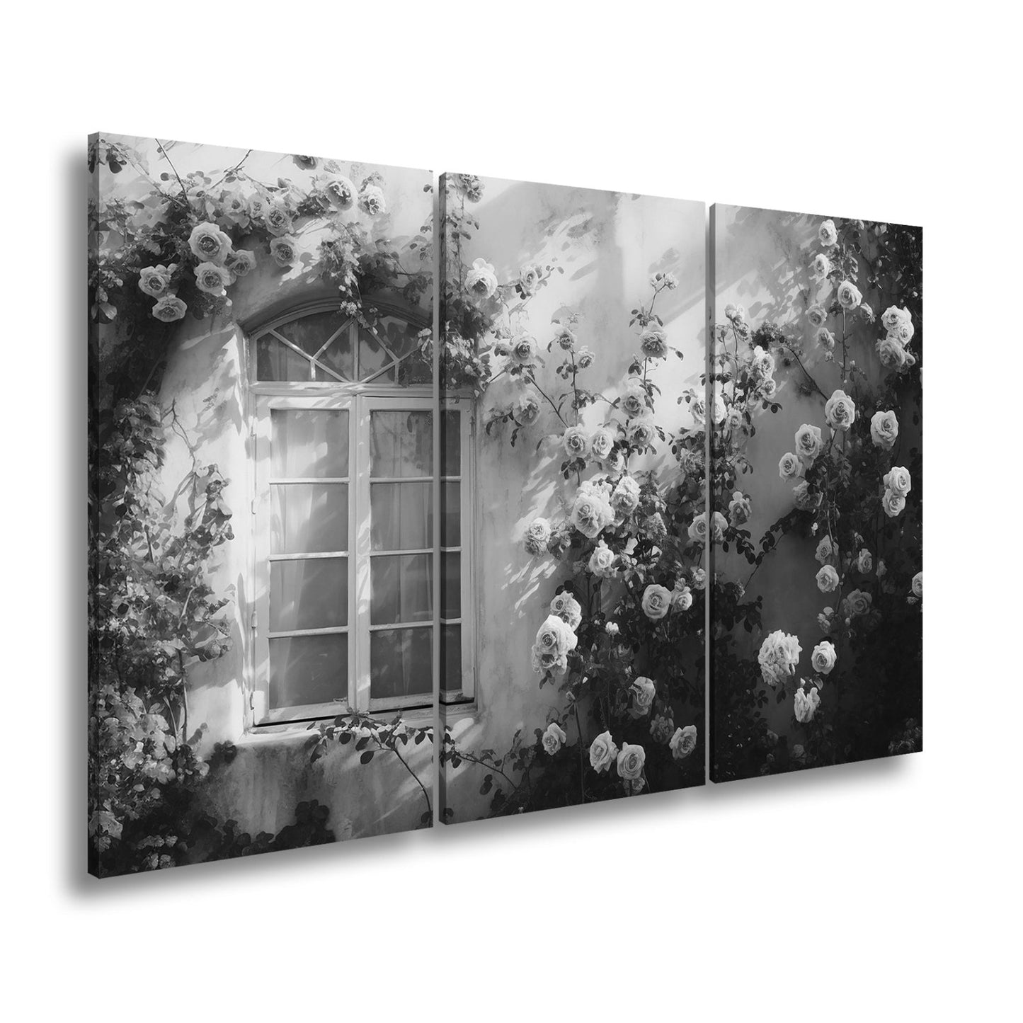 Leinwandbild Verwunschene Fassade XXL – Zarte Rosen ranken im warmen Licht - deyoli