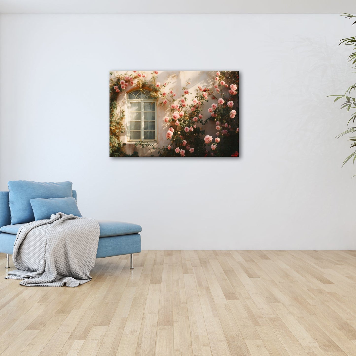 Leinwandbild Verwunschene Fassade XXL – Zarte Rosen ranken im warmen Licht - deyoli