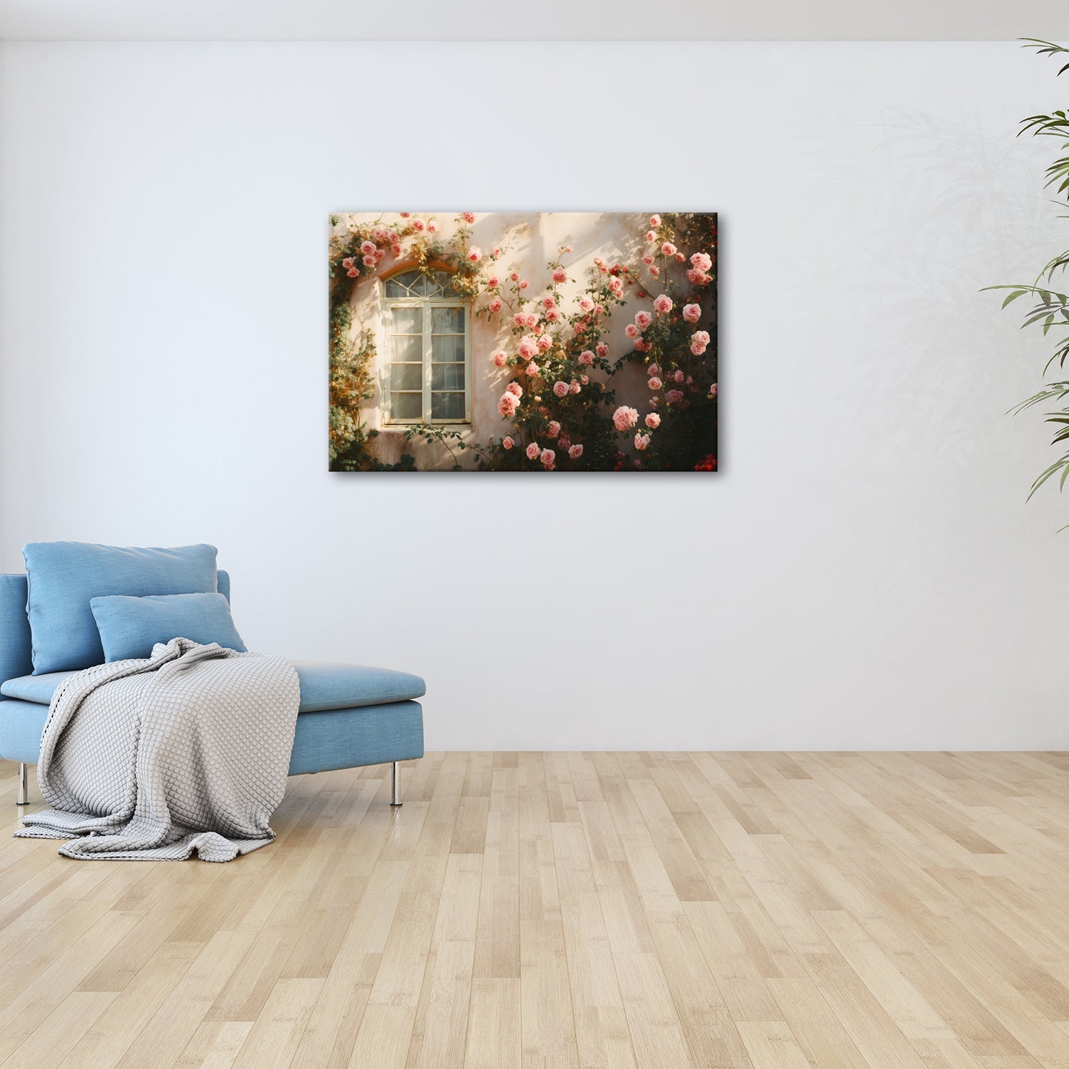 Leinwandbild Verwunschene Fassade XXL – Zarte Rosen ranken im warmen Licht - deyoli