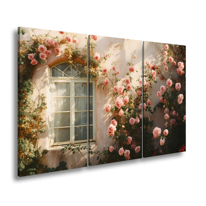 Leinwandbild Verwunschene Fassade XXL – Zarte Rosen ranken im warmen Licht - deyoli