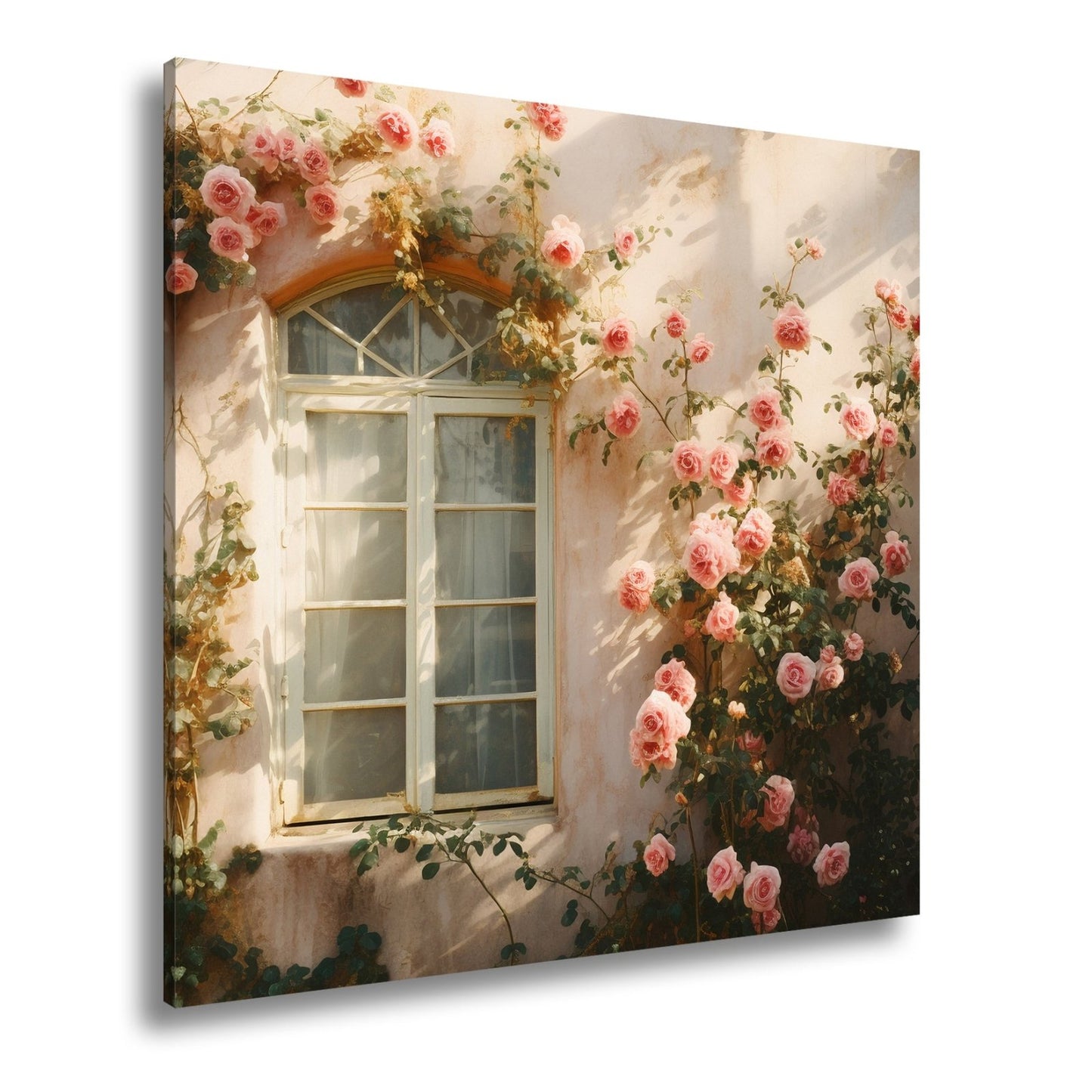 Leinwandbild Verwunschene Fassade XXL – Zarte Rosen ranken im warmen Licht - deyoli