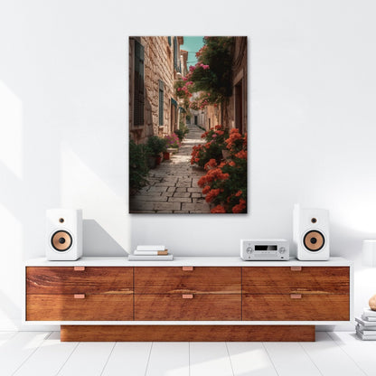 Leinwandbild Verwunschene Gasse voller Blütenpracht und mediterranem Charme - deyoli