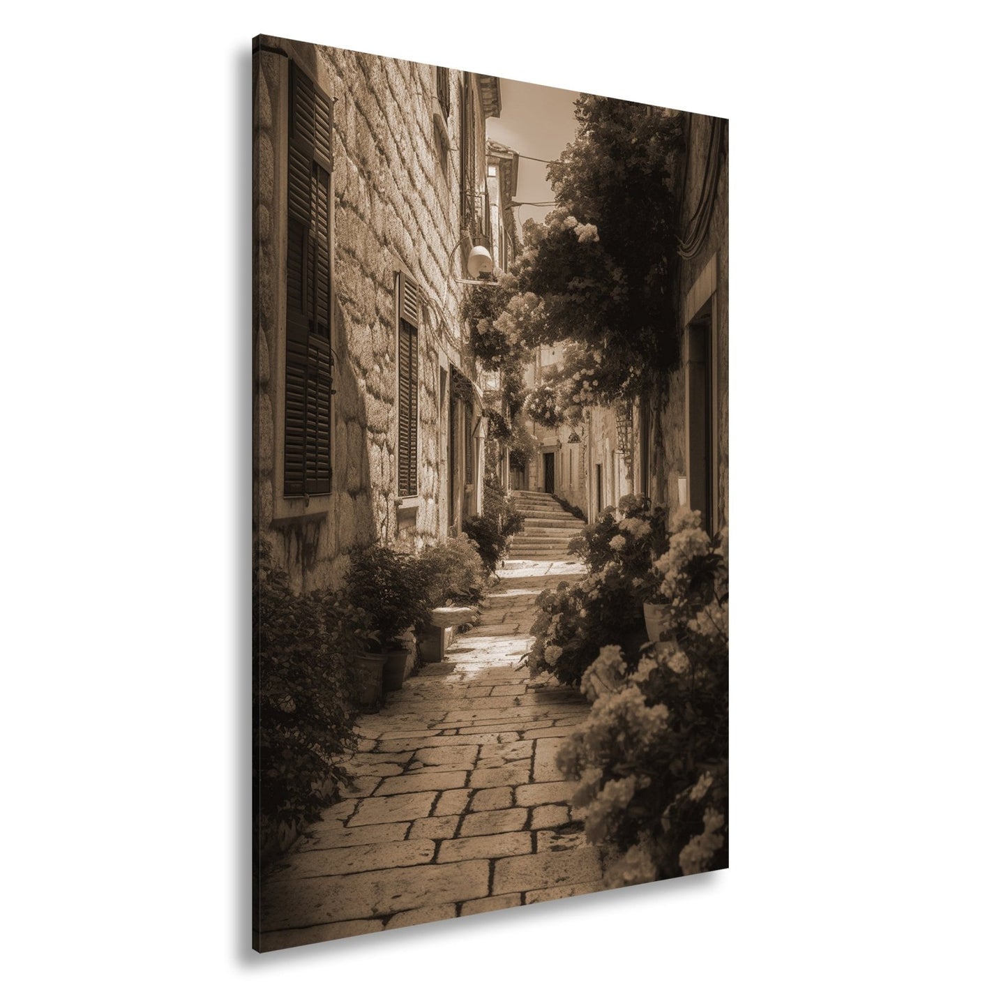 Leinwandbild Verwunschene Gasse voller Blütenpracht und mediterranem Charme - deyoli