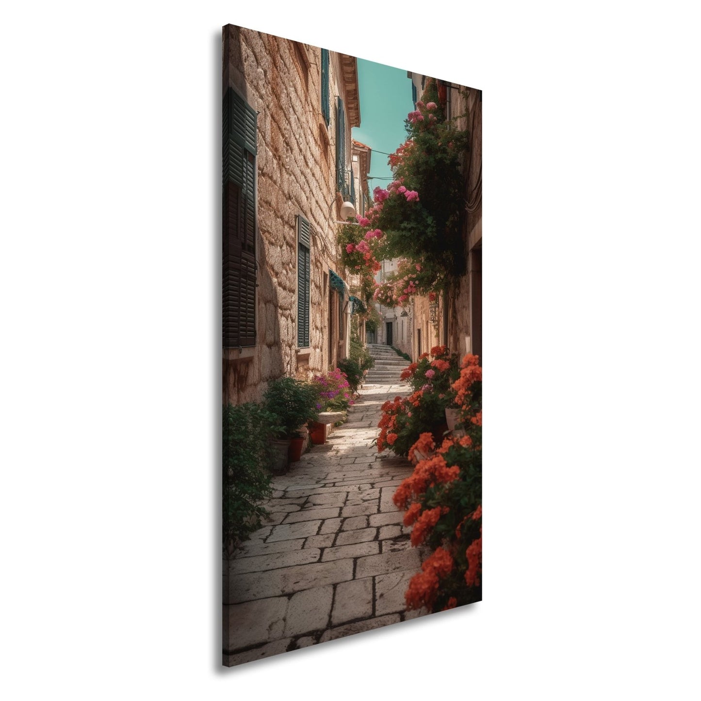 Leinwandbild Verwunschene Gasse voller Blütenpracht und mediterranem Charme - deyoli