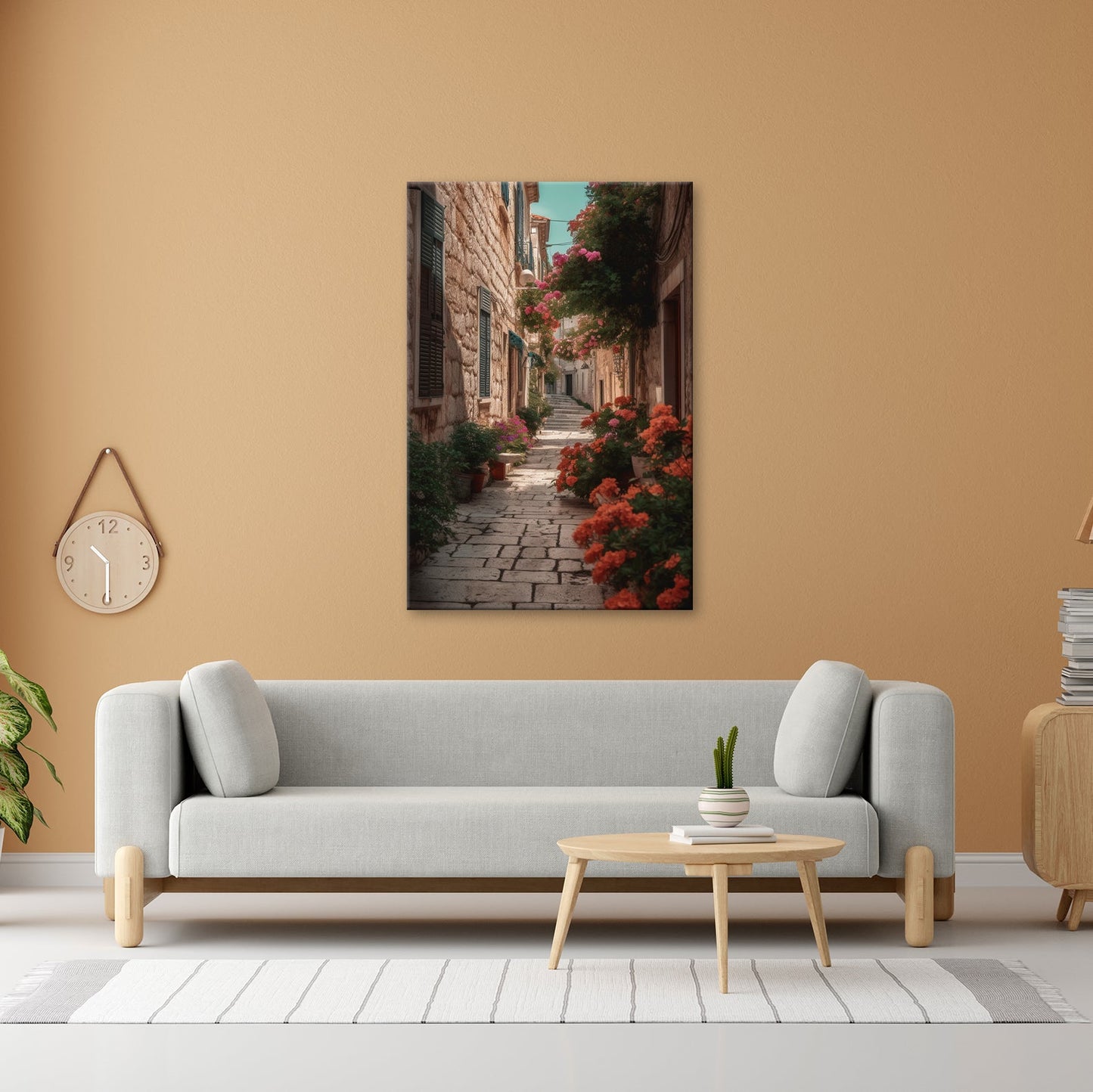 Leinwandbild Verwunschene Gasse voller Blütenpracht und mediterranem Charme - deyoli