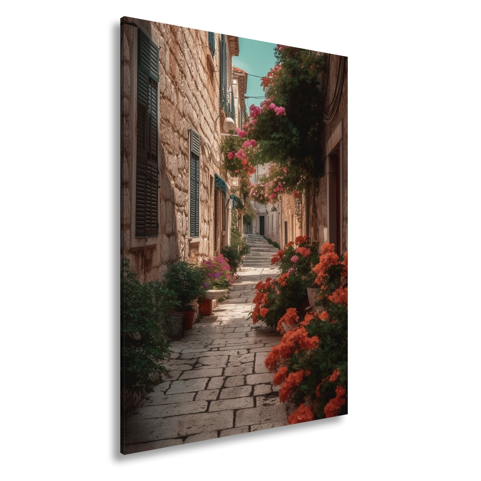 Leinwandbild Verwunschene Gasse voller Blütenpracht und mediterranem Charme - deyoli