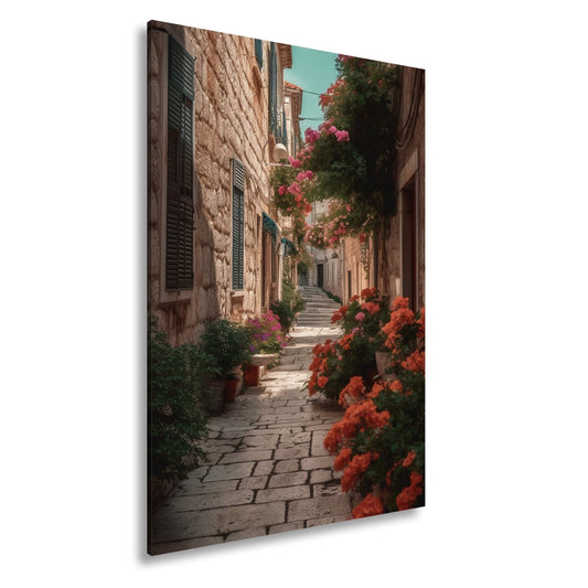 Leinwandbild Verwunschene Gasse voller Blütenpracht und mediterranem Charme - deyoli