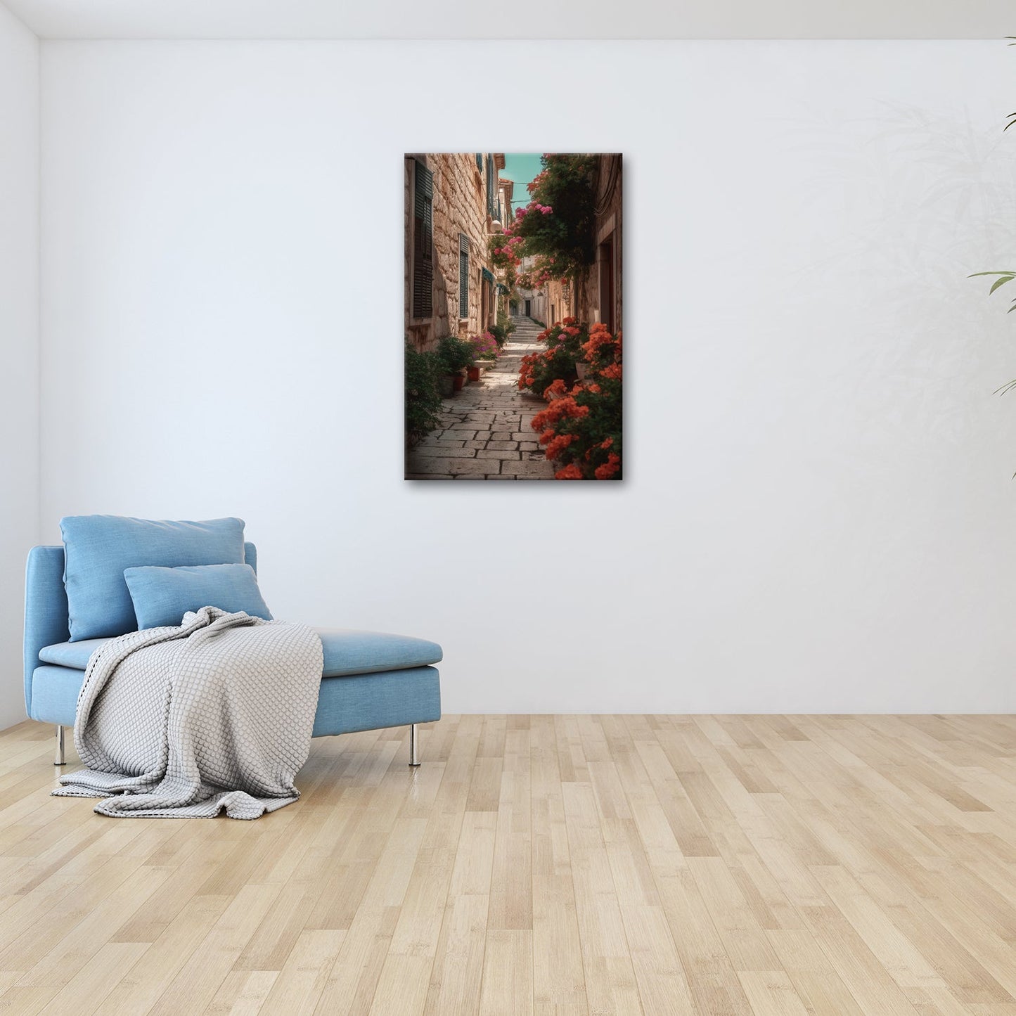 Leinwandbild Verwunschene Gasse voller Blütenpracht und mediterranem Charme - deyoli