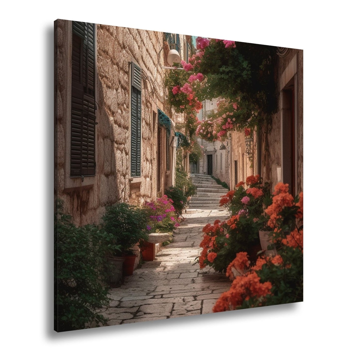 Leinwandbild Verwunschene Gasse voller Blütenpracht und mediterranem Charme - deyoli