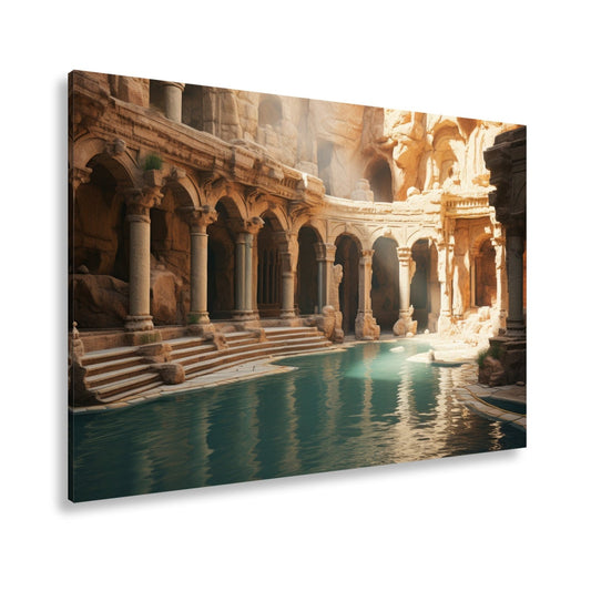 Leinwandbild Verwunschene Therme aus Stein und Stille. - deyoli