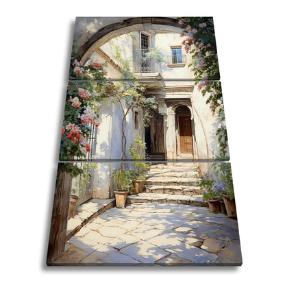 Leinwandbild Verwunschener Innenhof voller Licht, Blumen und leiser Geschichten - deyoli