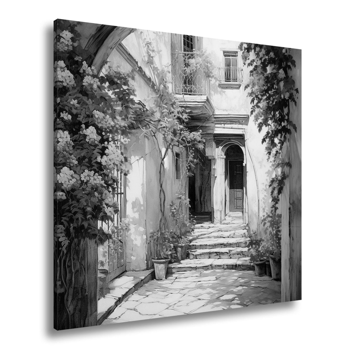 Leinwandbild Verwunschener Innenhof voller Licht, Blumen und leiser Geschichten - deyoli