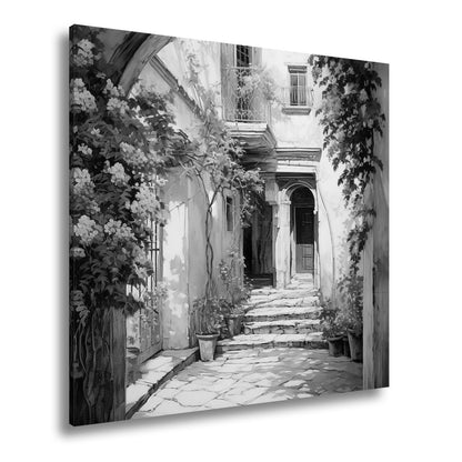 Leinwandbild Verwunschener Innenhof voller Licht, Blumen und leiser Geschichten - deyoli
